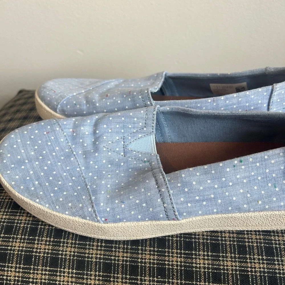 TOMS Alpargata Slip On Shoes Womens‎ 7 Blue White Polka Dot Canvas Flats EUC